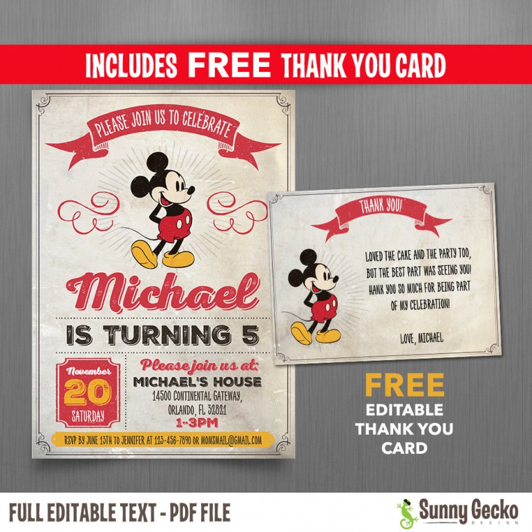 Mickey Mouse Vintage Style 5x7 or 4x6 in. Birthday Party Invitation